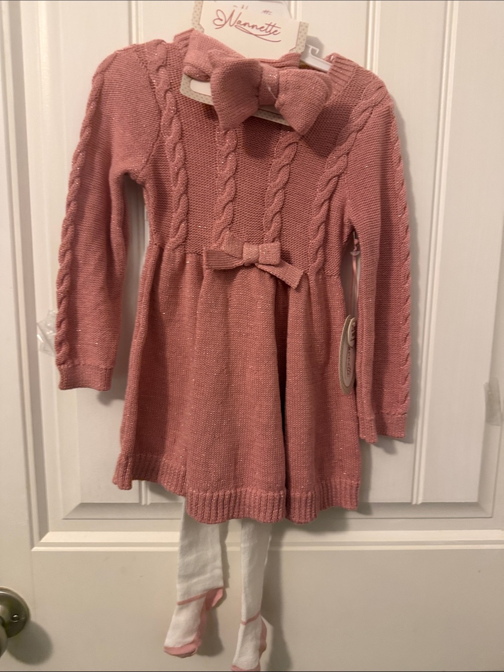 Nannette Dusty Rose Sparkle Cable-Knit Bow Dress with Headband and stockings